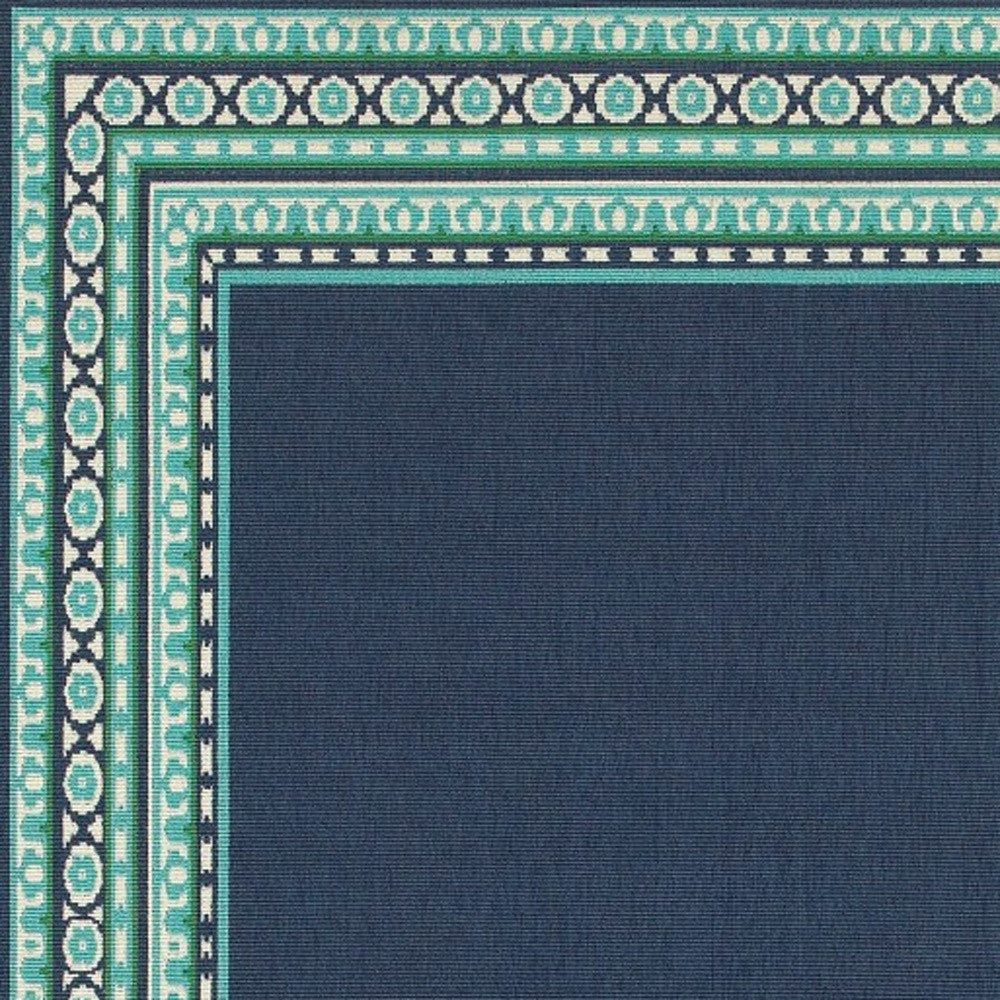 2’X8’ Navy And Green Geometric Indoor Outdoor Runner Rug