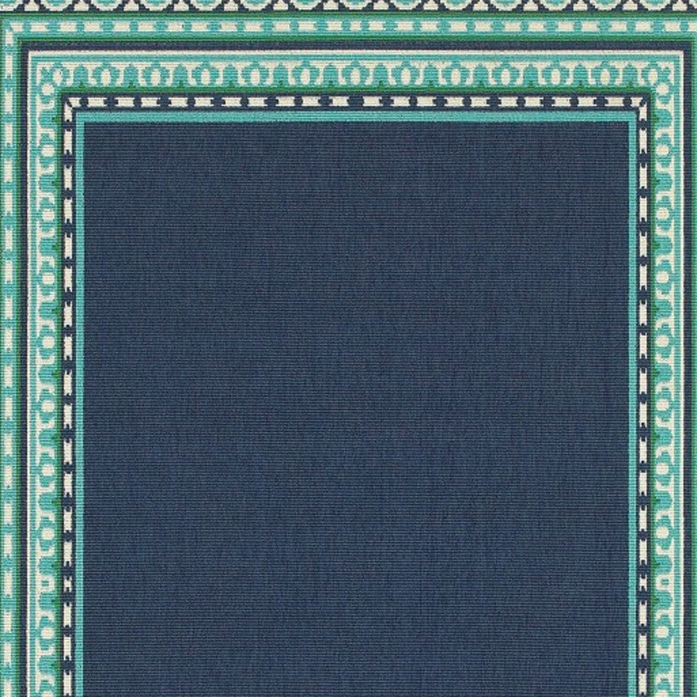 2’X8’ Navy And Green Geometric Indoor Outdoor Runner Rug