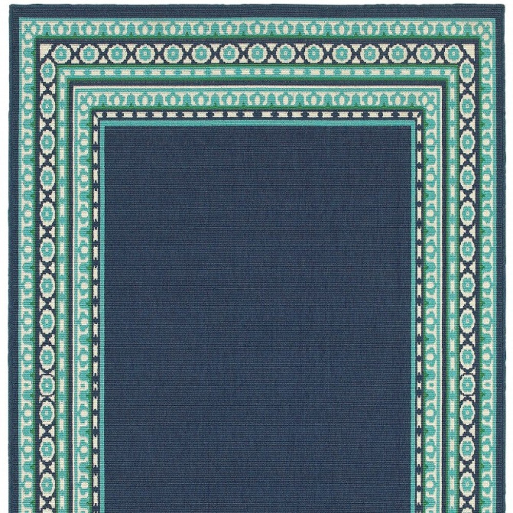 2’X8’ Navy And Green Geometric Indoor Outdoor Runner Rug