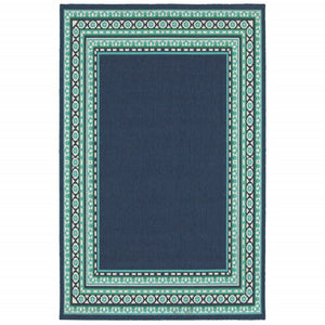 2’X8’ Navy And Green Geometric Indoor Outdoor Runner Rug