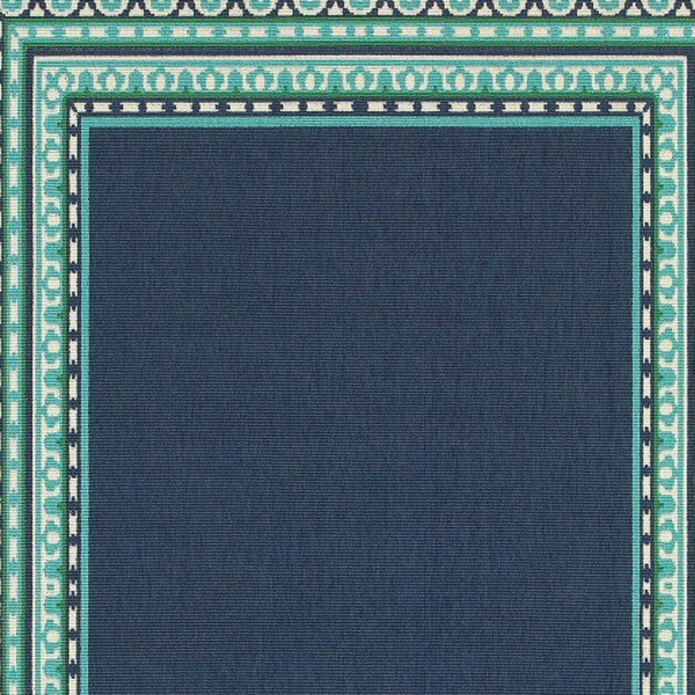 2’X8’ Navy And Green Geometric Indoor Outdoor Runner Rug