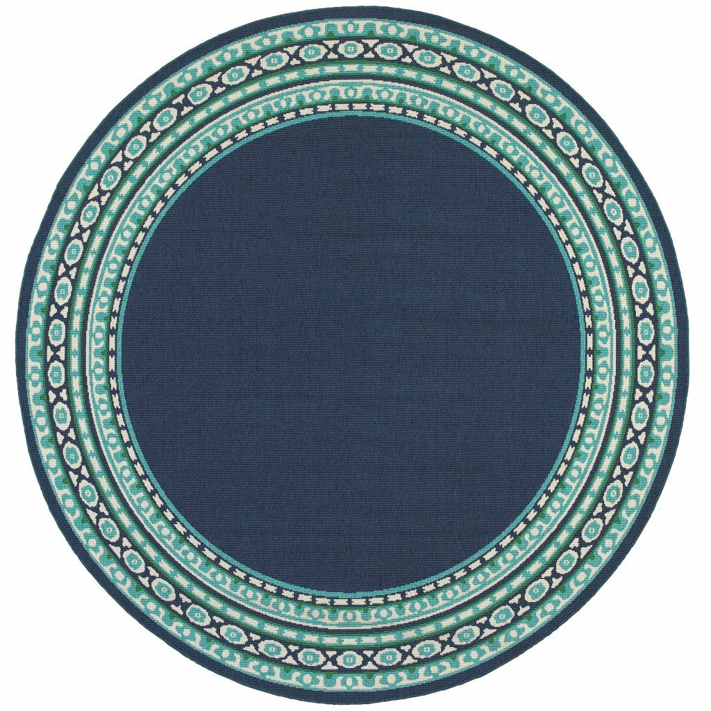 2’X8’ Navy And Green Geometric Indoor Outdoor Runner Rug