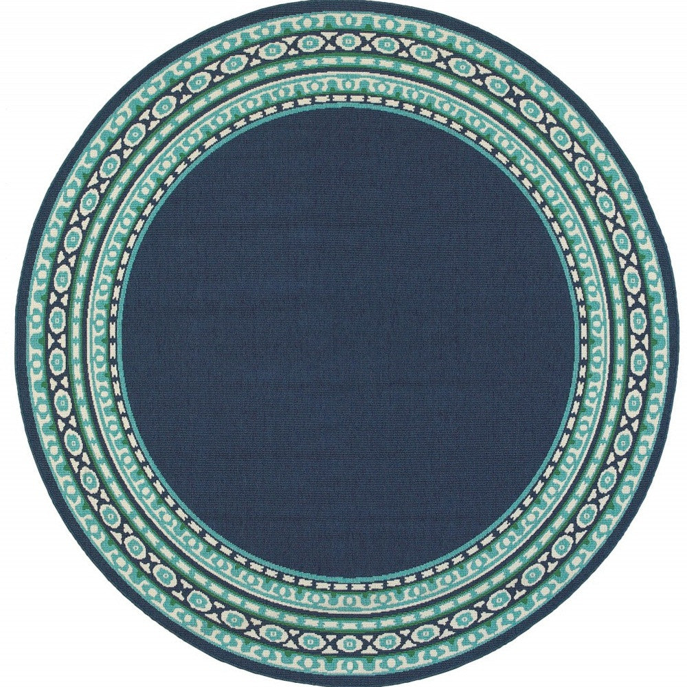 2’X8’ Navy And Green Geometric Indoor Outdoor Runner Rug