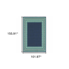 2’X8’ Navy And Green Geometric Indoor Outdoor Runner Rug
