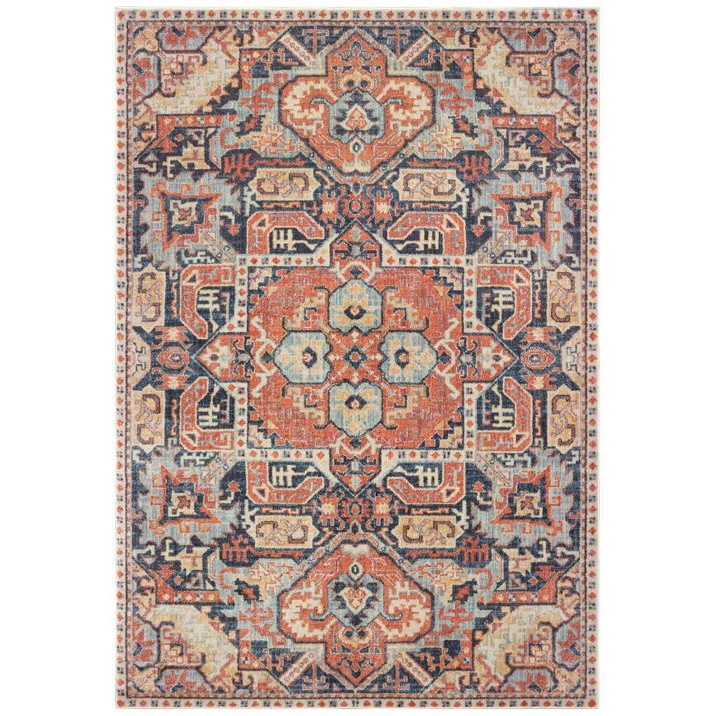 5’X8’ Blue And Orange Tribal Area Rug