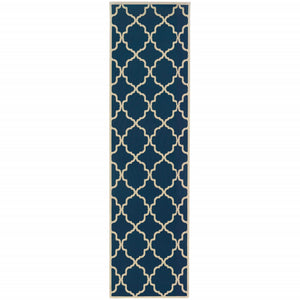 2’X8’ Blue And Ivory Trellis Indoor Outdoor Runner Rug