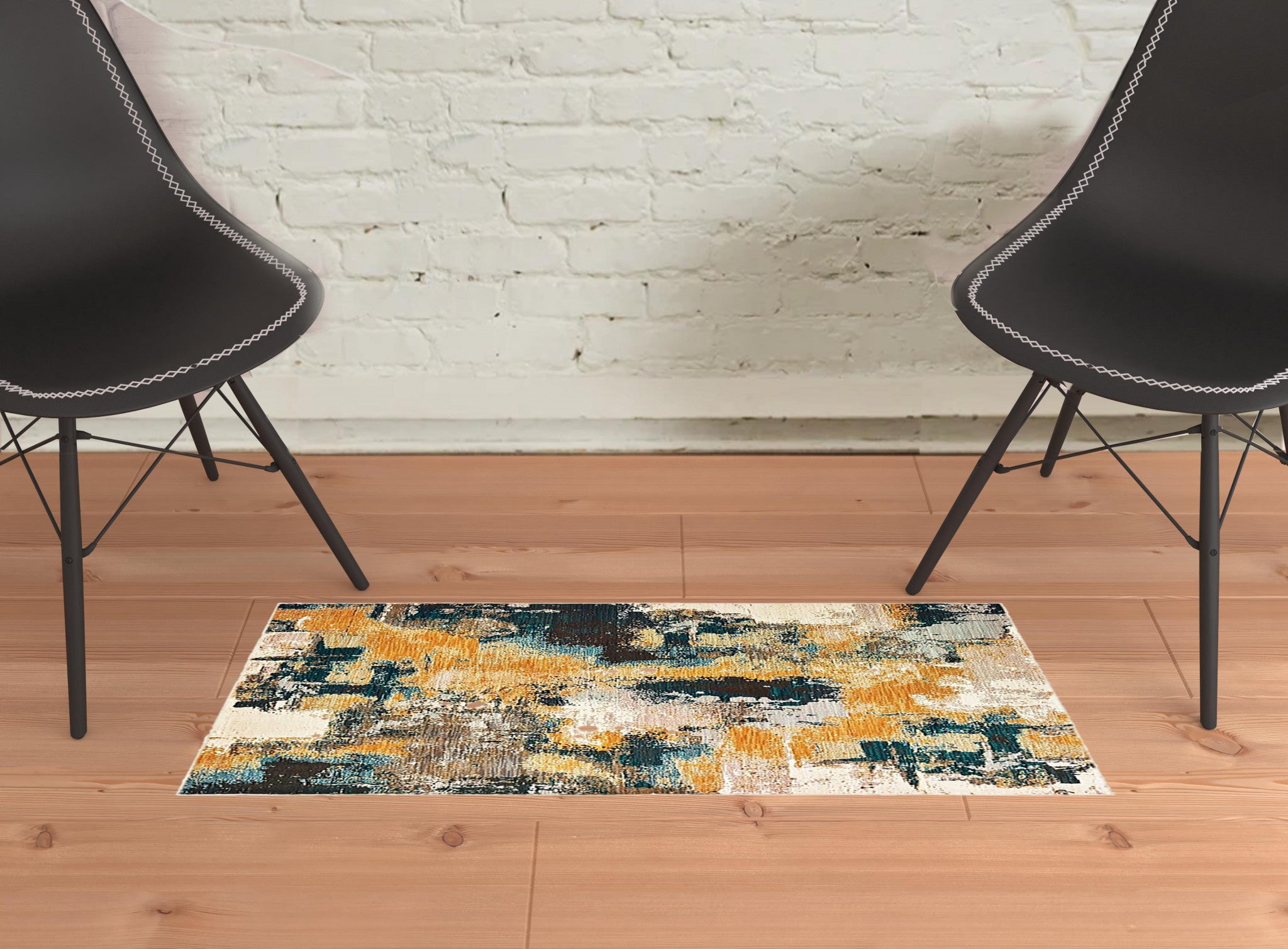 Blue And Gold Abstract Strokes Scatter Rug - 2’ x 3’