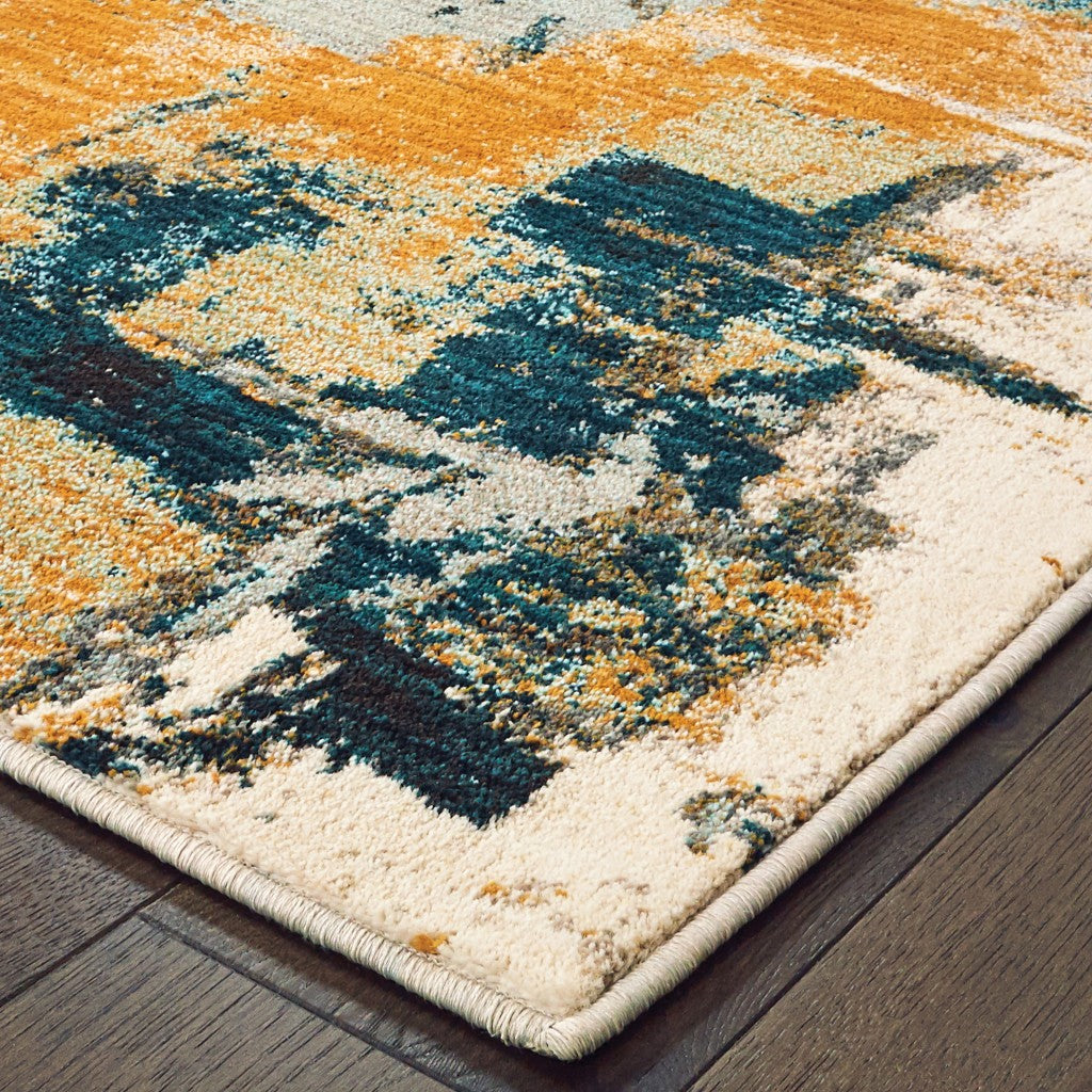 Blue And Gold Abstract Strokes Scatter Rug - 2’ x 3’