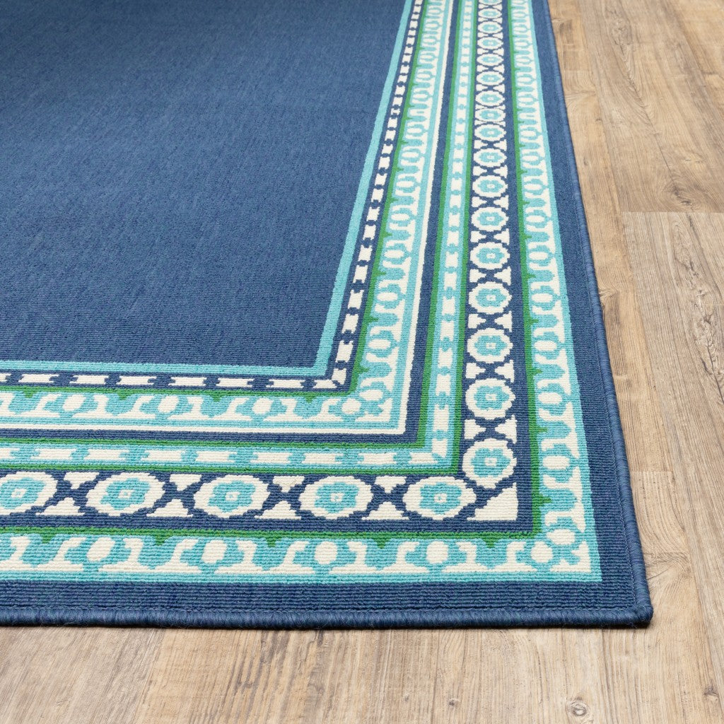 2’X8’ Navy And Green Geometric Indoor Outdoor Runner Rug