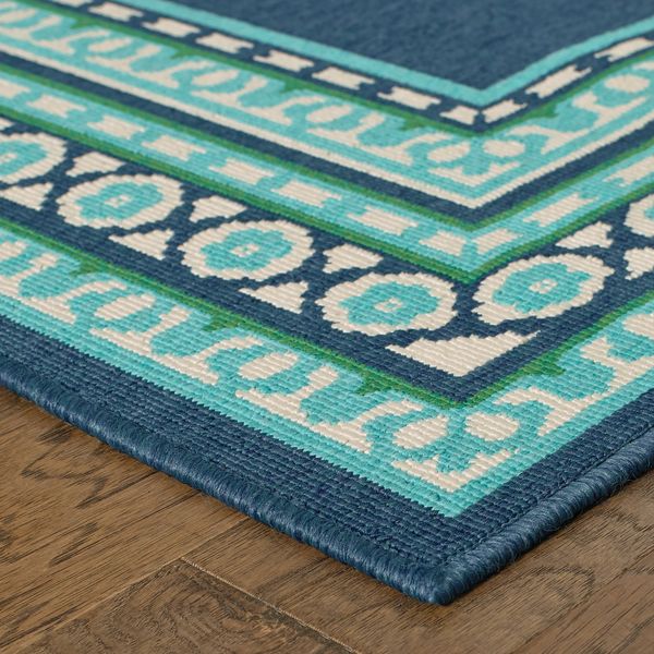 2’X8’ Navy And Green Geometric Indoor Outdoor Runner Rug
