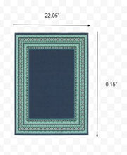 2’X8’ Navy And Green Geometric Indoor Outdoor Runner Rug
