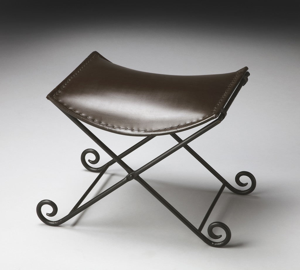 Dark Brown Leather And Metal Stool