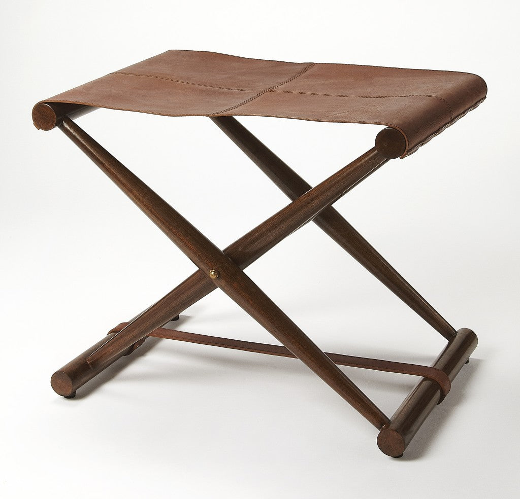 Brown Wood And Leather Portable Stool
