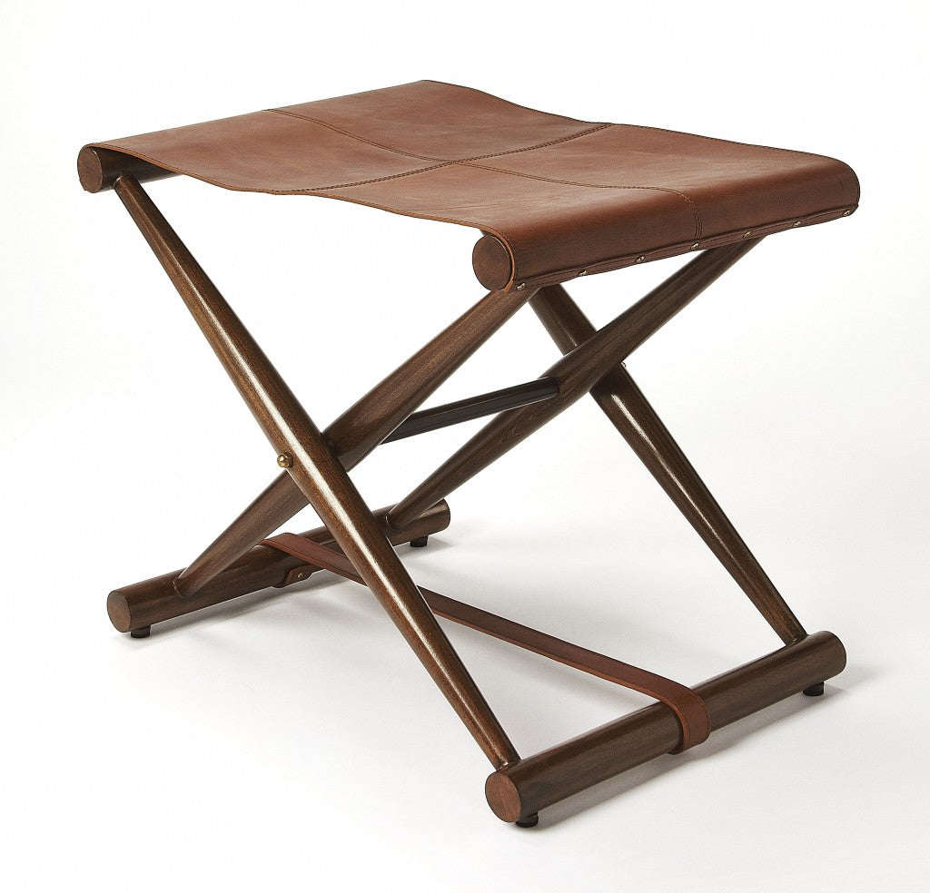 Brown Wood And Leather Portable Stool