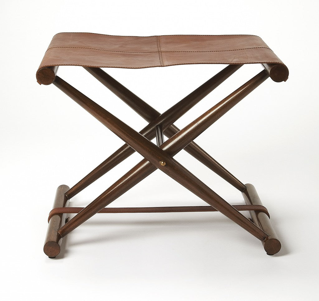 Brown Wood And Leather Portable Stool