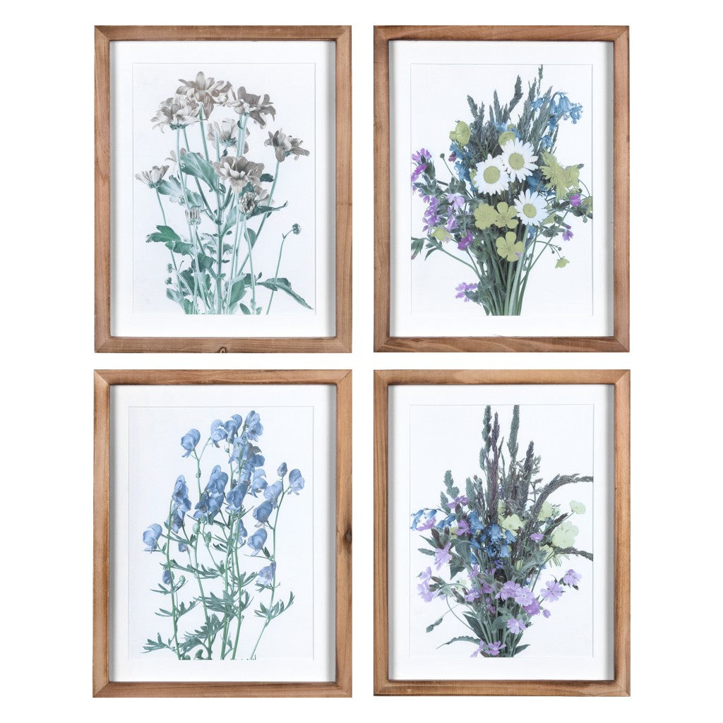 Set Of Four Floral Print Wooden Frame Wall Art