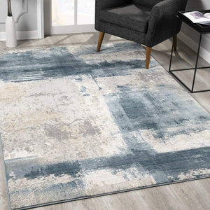 Cream And Blue Abstract Patches Runner Rug - 2’ x 10’