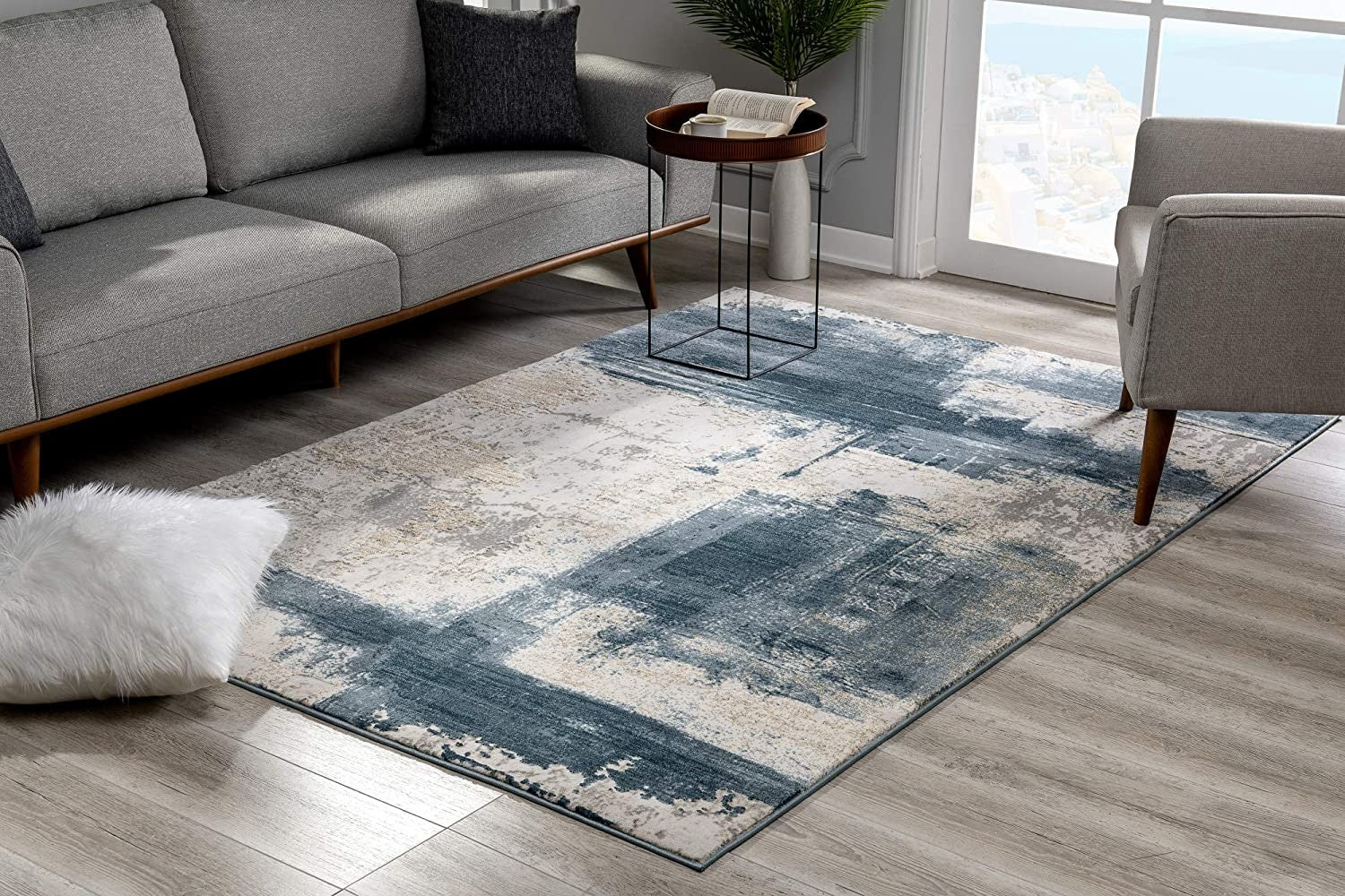 Cream And Blue Abstract Patches Runner Rug - 2’ x 10’