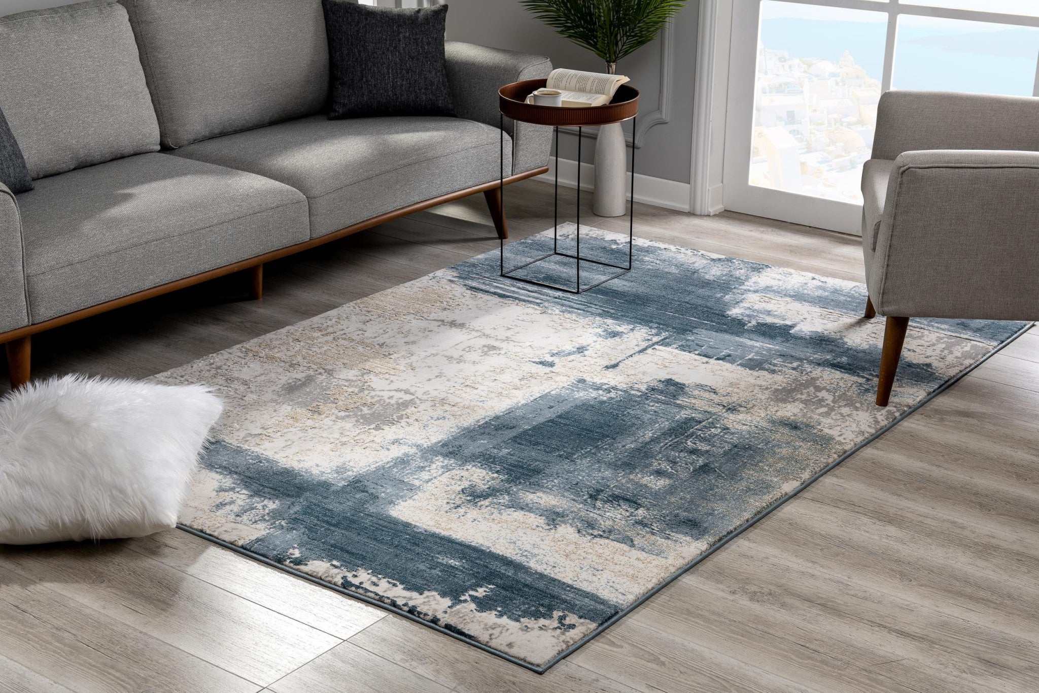 Cream And Blue Abstract Patches Runner Rug - 2’ x 10’