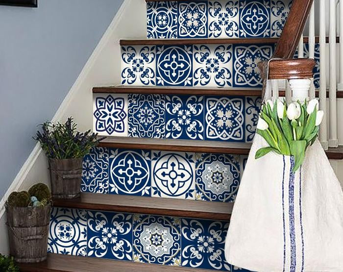 Midnight Blue And White Peel And Stick Removable Tiles 4" x 4"