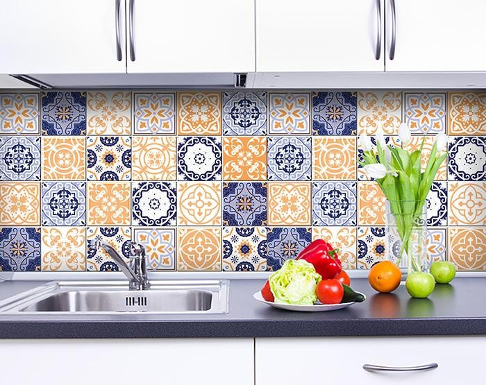 Yellow White And Blues Peel And Stick Removable Tiles - 4" x 4"