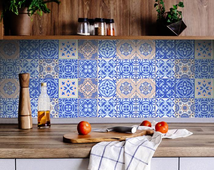 4" X 4" Dark And Light Blue Mosaic Peel And Stick Removable Tiles