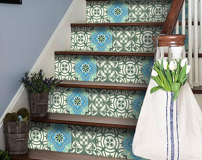 4" X 4" Sage And Aqua Floral Peel And Stick Removable Tiles