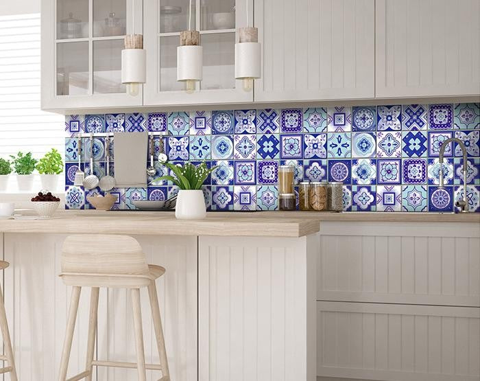 4" X 4" Vintage Turq Blue And White Peel And Stick Removable Tiles