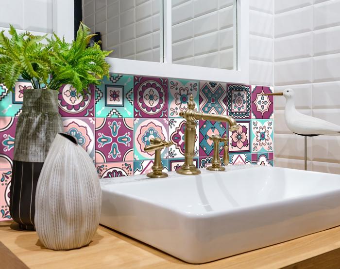 4" X 4" Vintage Turq Blush And Mauve Peel And Stick Removable Tiles