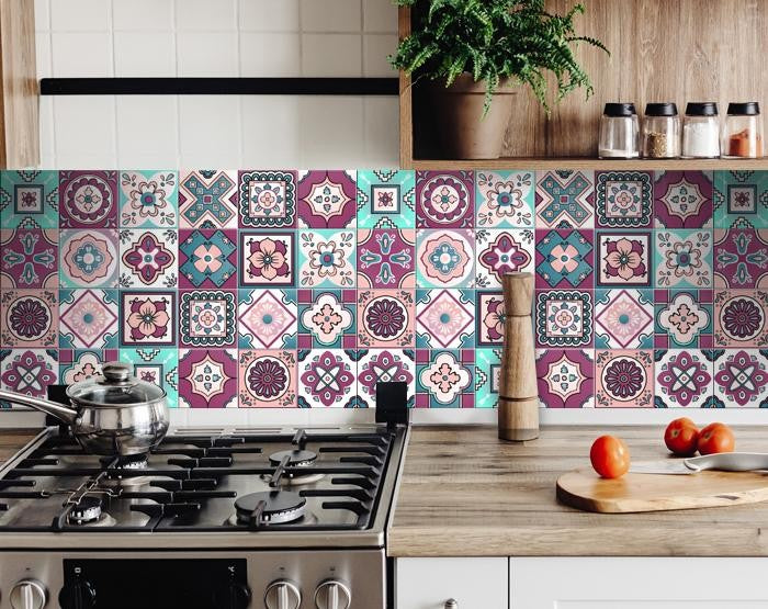 4" X 4" Vintage Turq Blush And Mauve Peel And Stick Removable Tiles