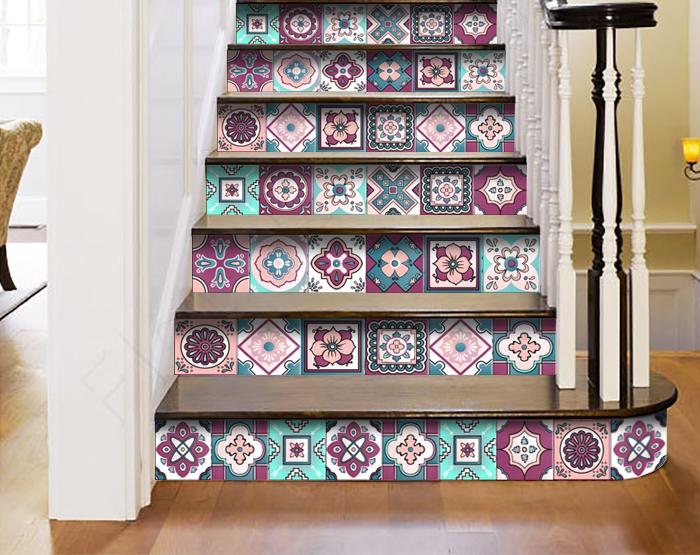 4" X 4" Vintage Turq Blush And Mauve Peel And Stick Removable Tiles