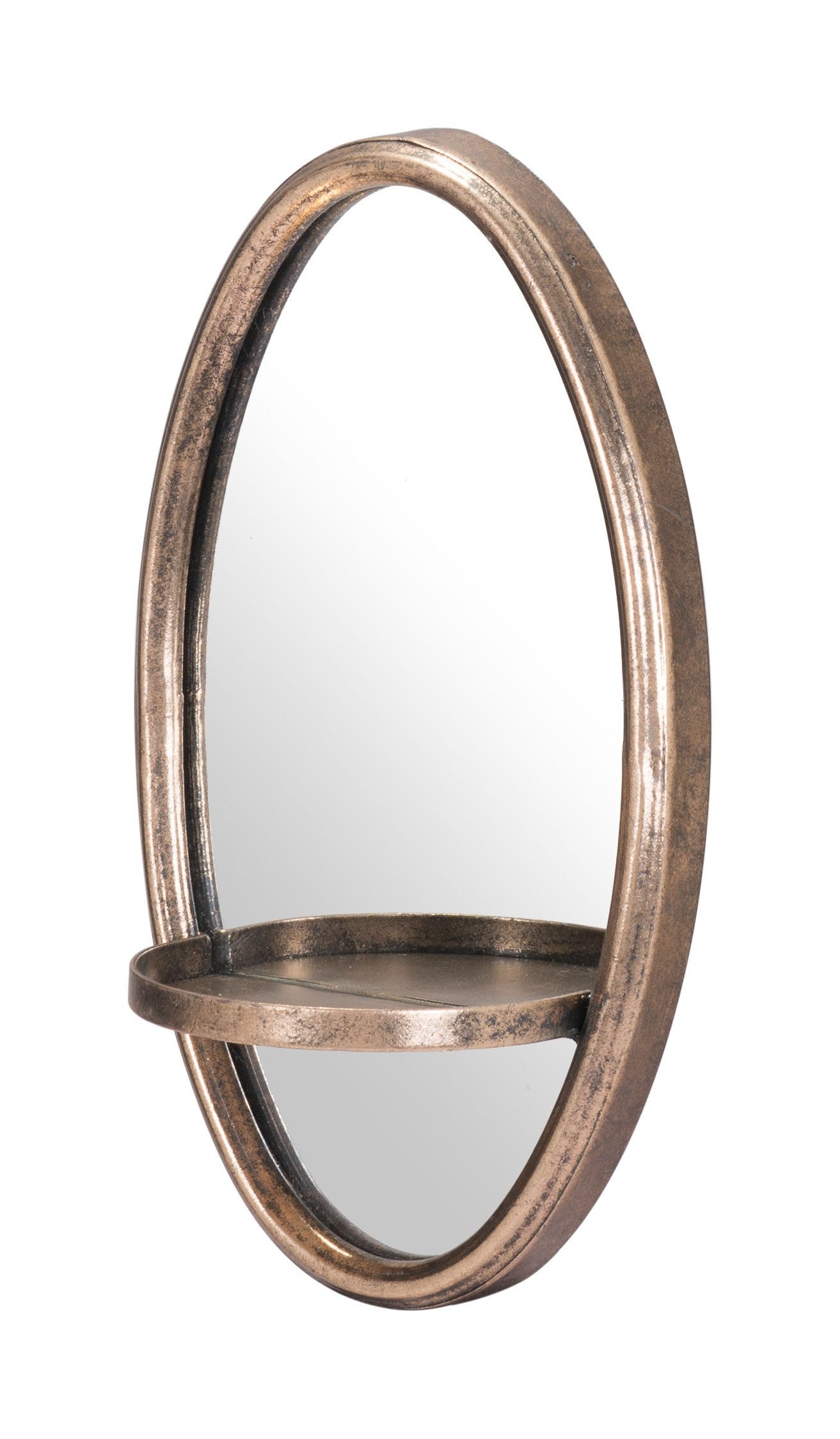 Antiqued Gold Oval Mirror with Petite Shelf