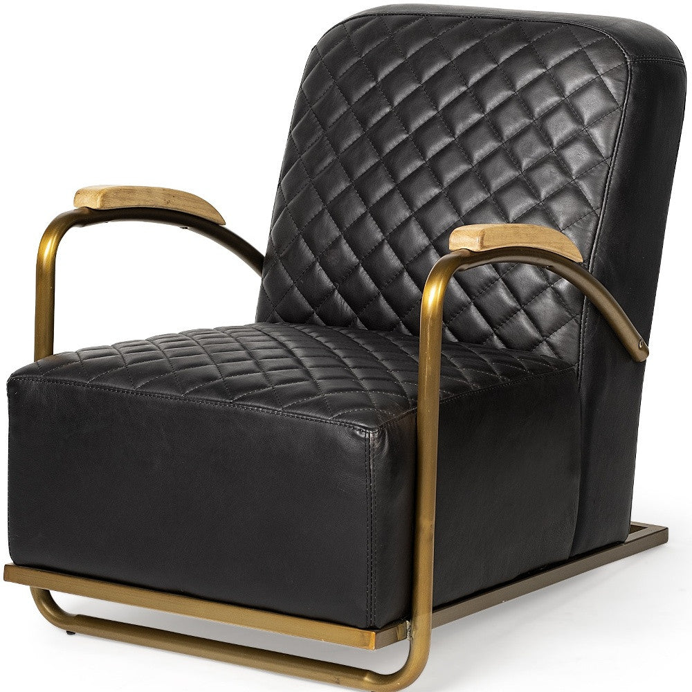 Black Leather Diamond Pattern Gold Club Chair