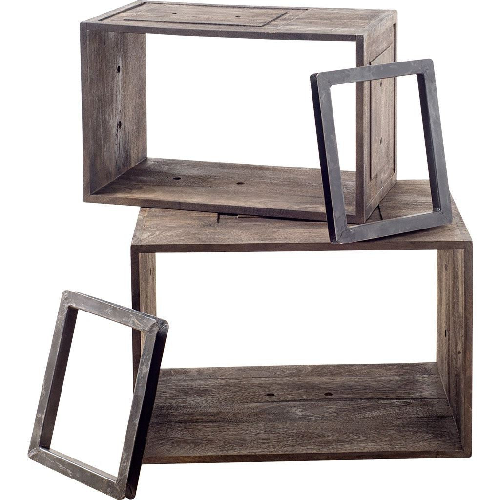 Set Of Two Rustic Dark Brown Cube Box Shelves