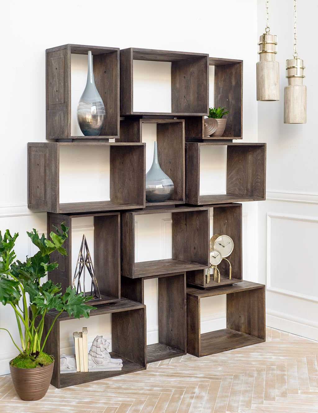 Set Of Two Rustic Dark Brown Cube Box Shelves