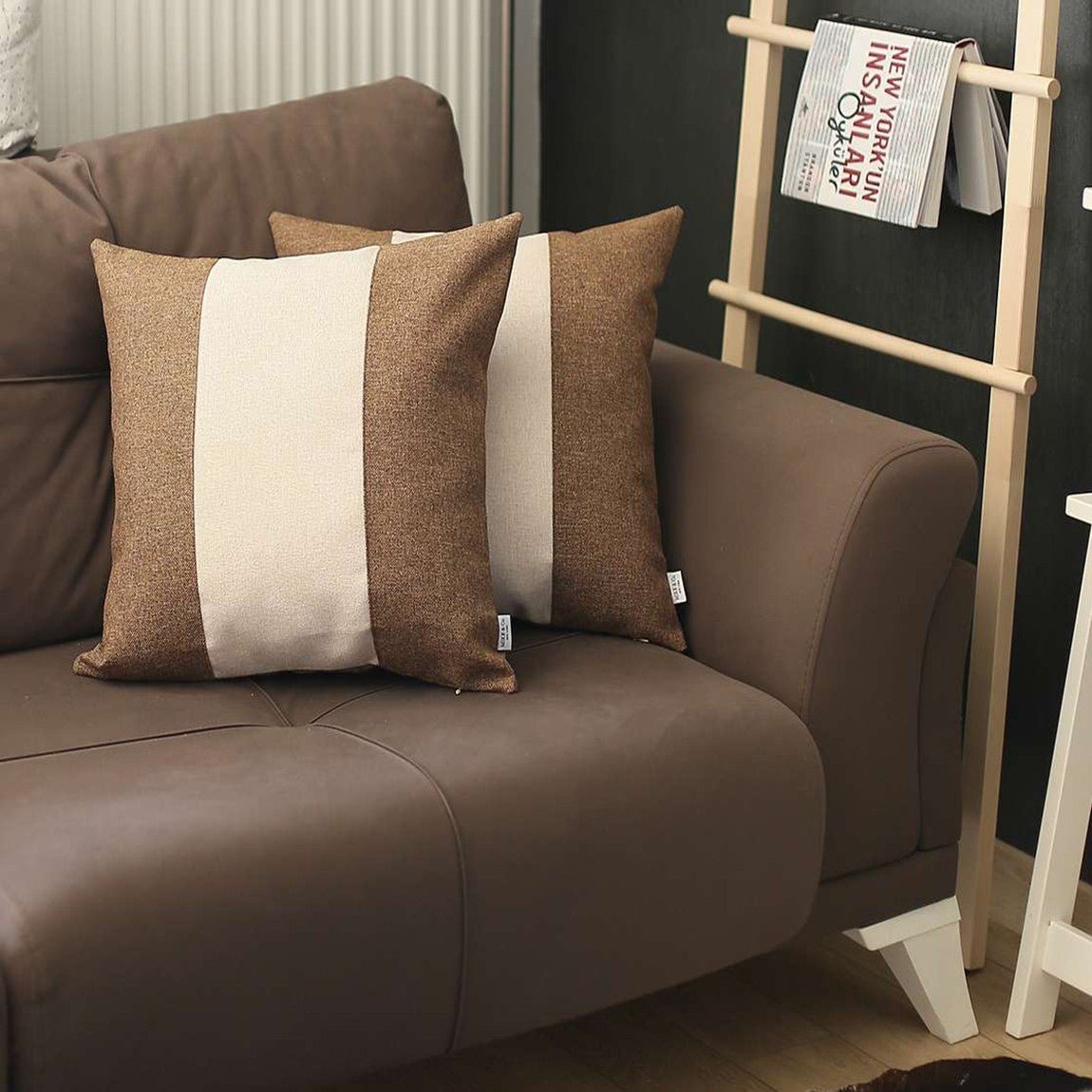 Set Of 2 Brown And White Center Pillow Covers