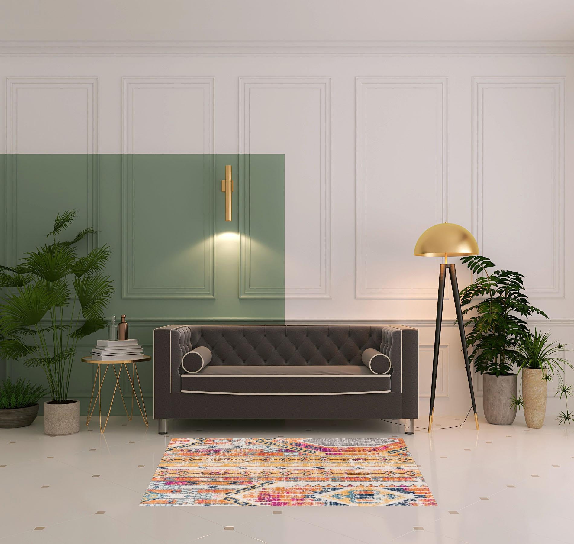 2’ X 4’ Gold And Ivory Distressed Tribal Area Rug