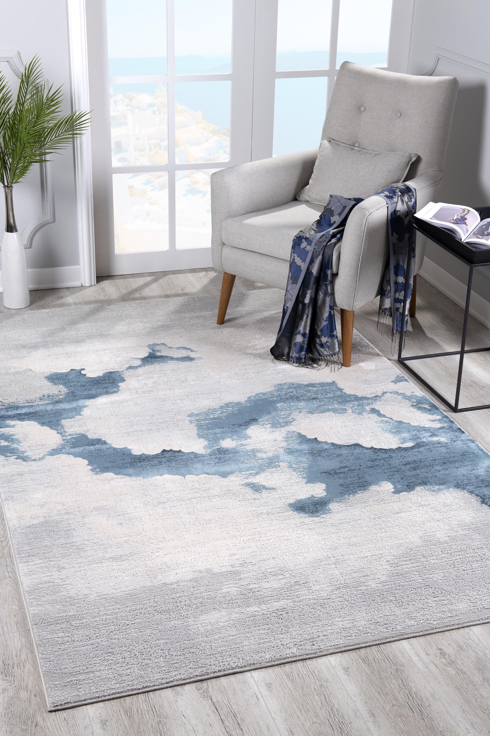 5’ X 8’ Gray And Blue Abstract Clouds Area Rug