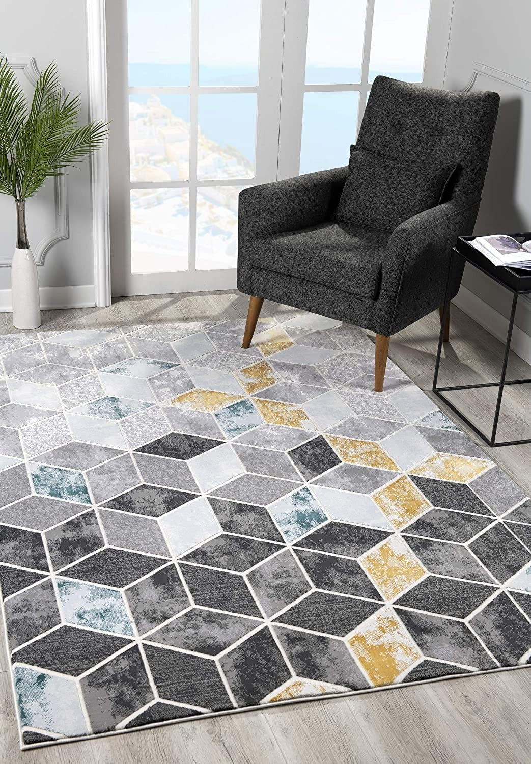 5’ X 8’ Gray And Gold Cubic Block Area Rug