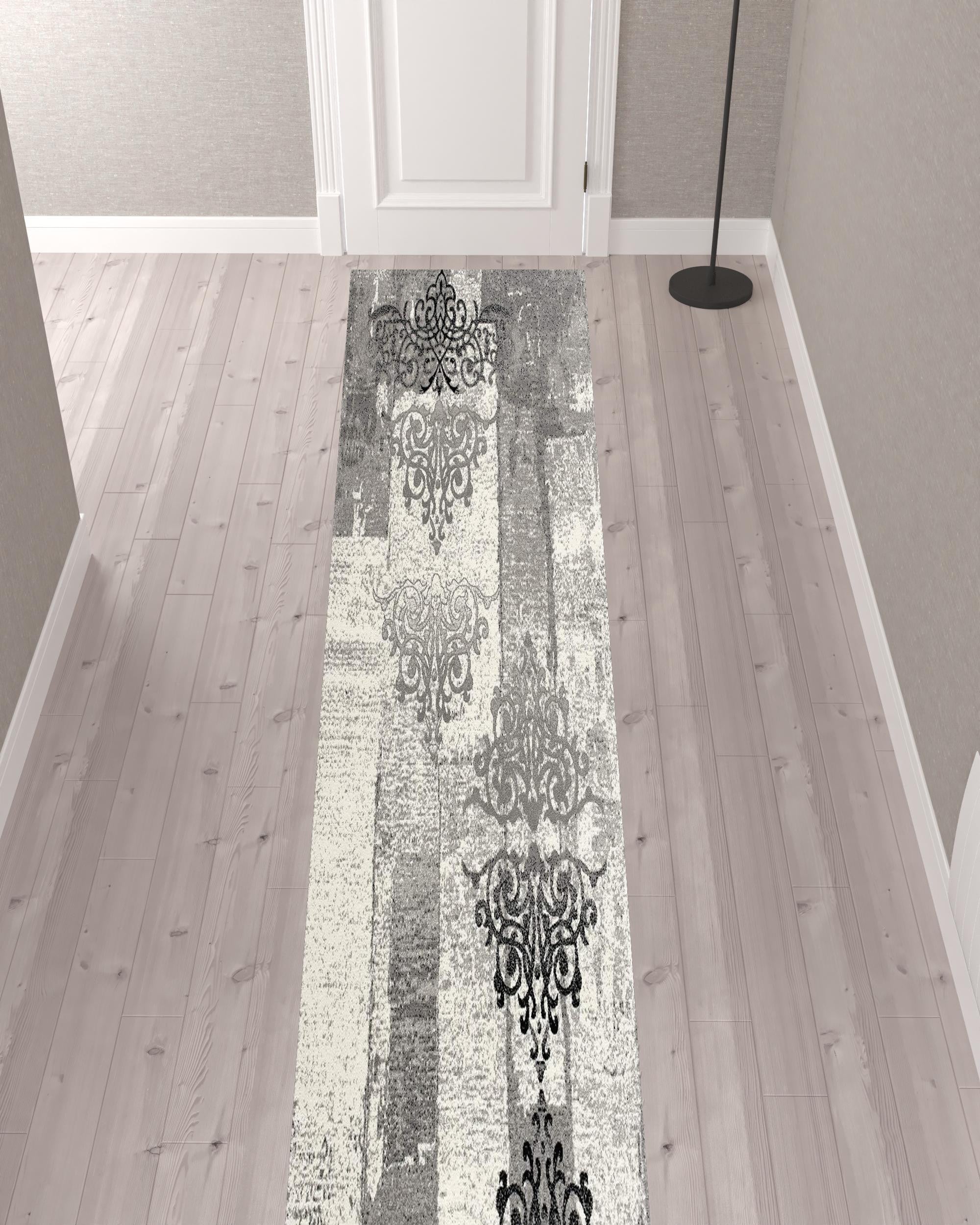 2’ X 10’ Gray Faded Filigree Pattern Runner Rug