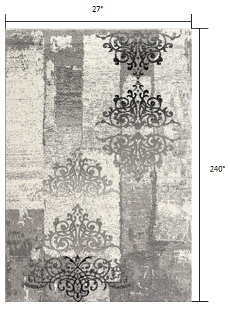 2’ X 10’ Gray Faded Filigree Pattern Runner Rug