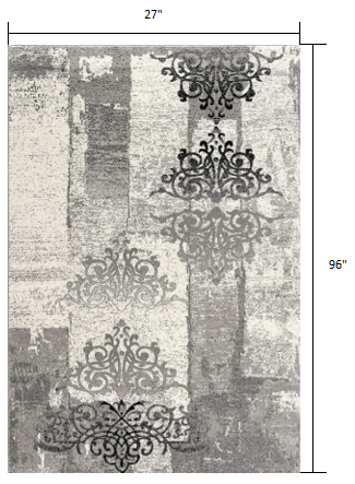 2’ X 10’ Gray Faded Filigree Pattern Runner Rug