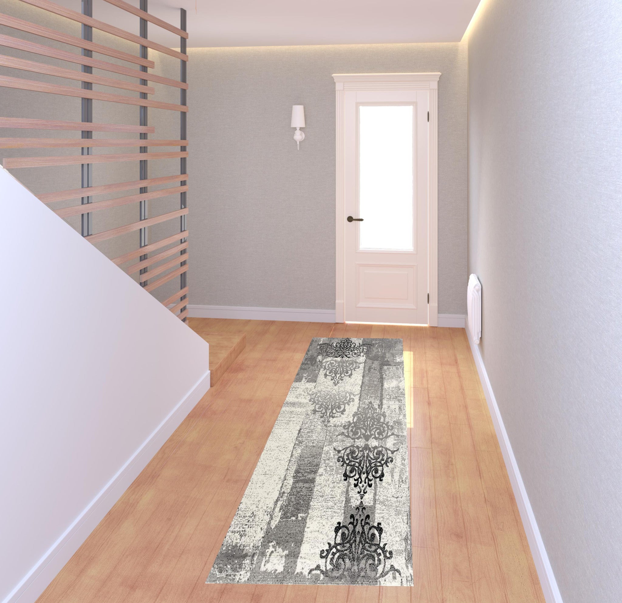 2’ X 10’ Gray Faded Filigree Pattern Runner Rug