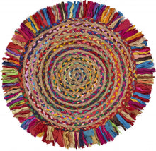 Multicolored Chindi And Natural Jute Fringed Round Rug