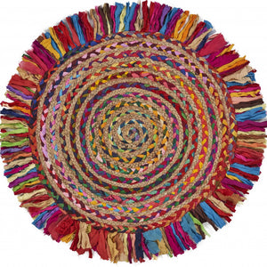 Multicolored Chindi And Natural Jute Fringed Round Rug