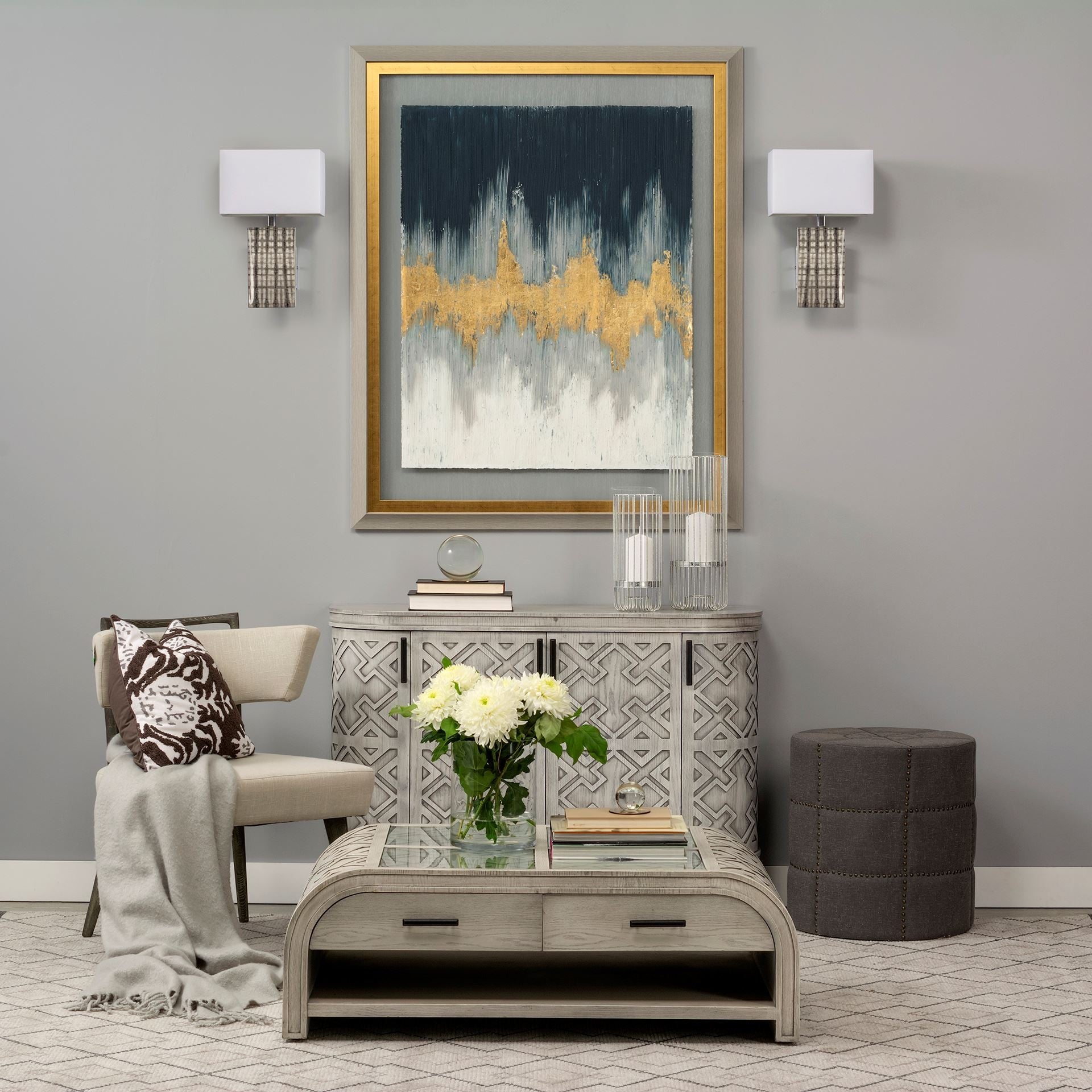 Dark Gray Ottoman With Metal Detailing