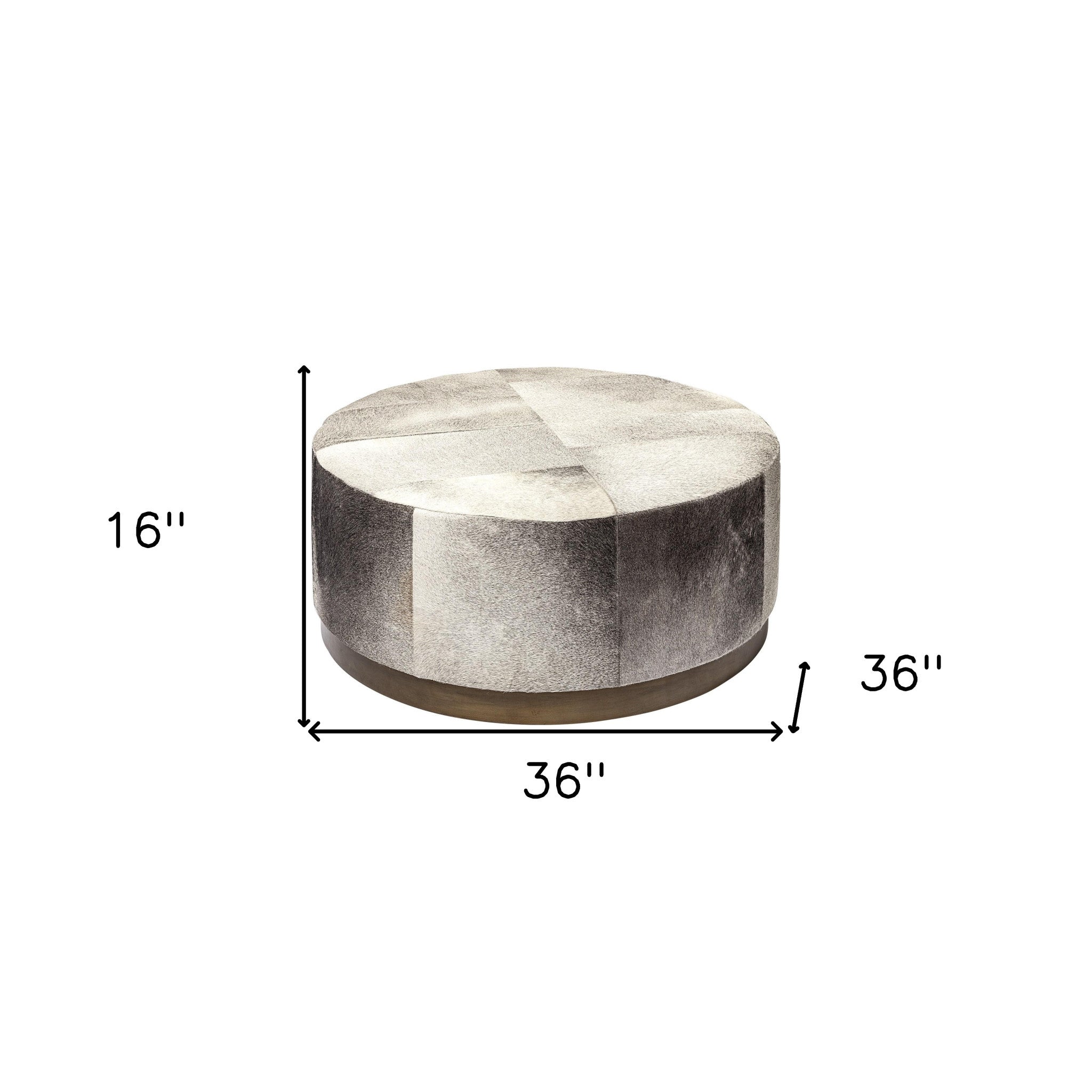 Gray Cowhide Round Ottoman With Metal Base