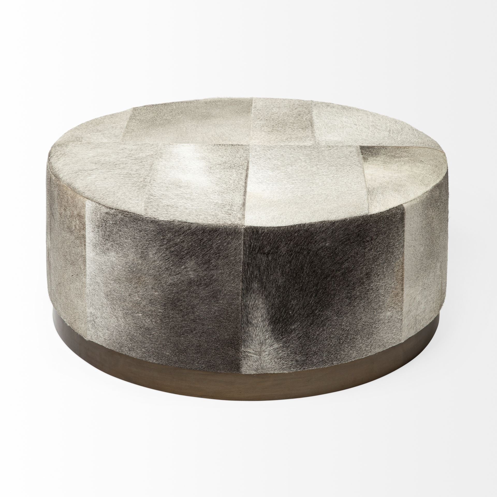 Gray Cowhide Round Ottoman With Metal Base
