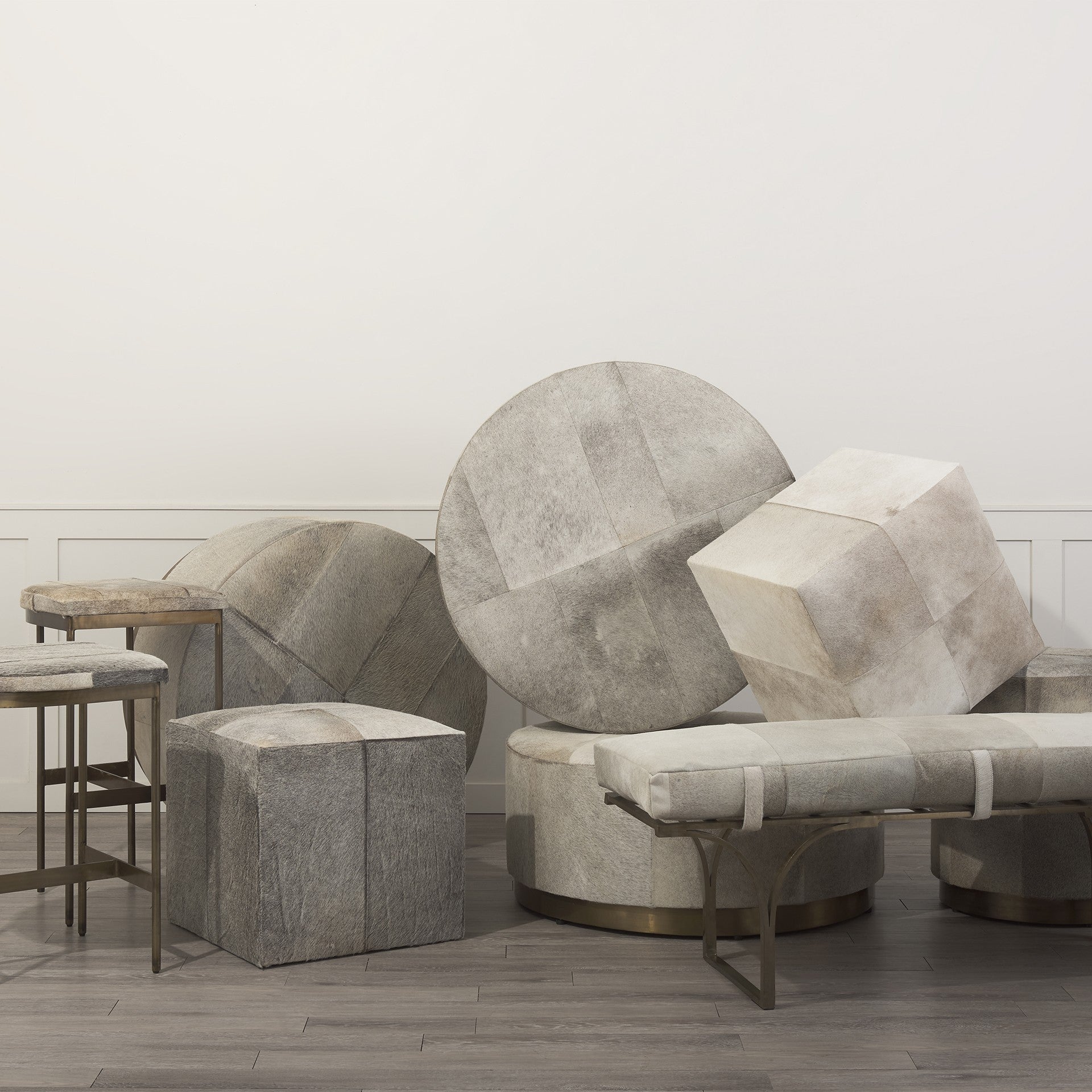 Gray Cowhide Round Ottoman With Metal Base