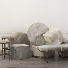 Gray Cowhide Round Ottoman With Metal Base